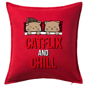 Catflix and Chill, Μαξιλάρι καναπέ Κόκκινο 100% βαμβάκι, περιέχεται το γέμισμα (50x50cm)