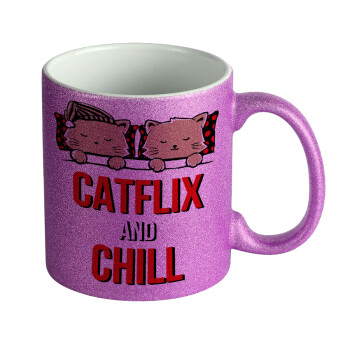 Catflix and Chill, Κούπα Μωβ Glitter που γυαλίζει, κεραμική, 330ml