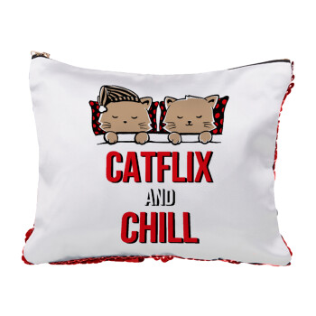 Catflix and Chill, Τσαντάκι νεσεσέρ με πούλιες (Sequin) Κόκκινο
