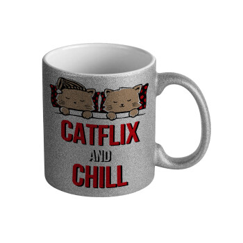 Catflix and Chill, Κούπα Ασημένια Glitter που γυαλίζει, κεραμική, 330ml