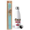 Easter Set, metallic stainless steel water bottle (750ml) & aromatic flat Easter candle (30cm) (TURQUOISE)