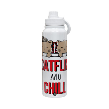 Catflix and Chill, Θερμός 1L Ανοξείδωτο με Βάση Κινητού & Διπλά Τοιχώματα