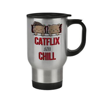 Catflix and Chill, Stainless steel travel mug with lid, double wall 450ml