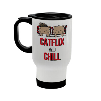 Catflix and Chill, Κούπα ταξιδιού ανοξείδωτη με καπάκι, διπλού τοιχώματος (θερμό) λευκή 450ml