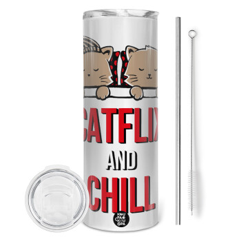 Catflix and Chill, Tumbler ποτήρι θερμό από ανοξείδωτο ατσάλι 600ml, με μεταλλικό καλαμάκι & βούρτσα καθαρισμού