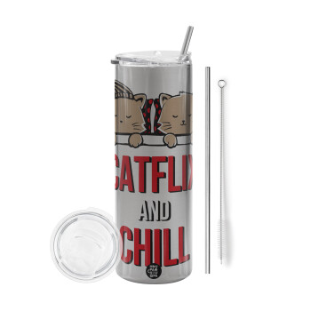 Catflix and Chill, Eco friendly stainless steel Silver tumbler 600ml, with metal straw & cleaning brush