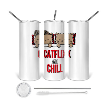 Catflix and Chill, 360 Eco friendly stainless steel tumbler 600ml, with metal straw & cleaning brush