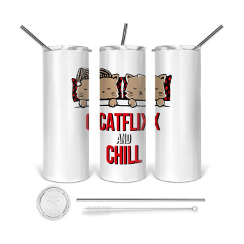 Catflix and Chill, Tumbler ποτήρι θερμό από ανοξείδωτο ατσάλι 600ml, με μεταλλικό καλαμάκι & βούρτσα καθαρισμού