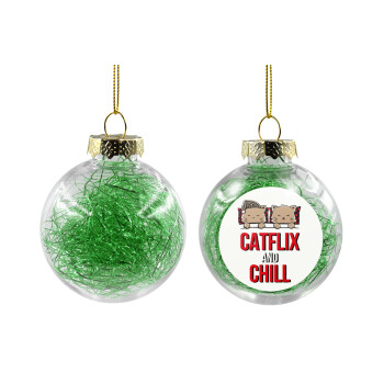 Catflix and Chill, Χριστουγεννιάτικη μπάλα δένδρου διάφανη με πράσινο γέμισμα 8cm