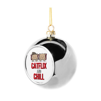 Catflix and Chill, Στολίδι Χριστουγεννιάτικη μπάλα δένδρου Ασημένια 8cm