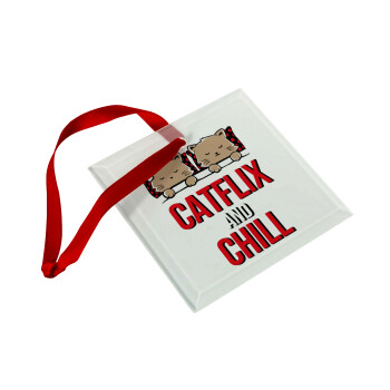 Catflix and Chill, Χριστουγεννιάτικο στολίδι γυάλινο τετράγωνο 9x9cm