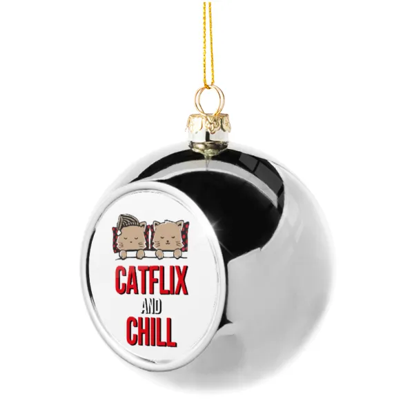 Catflix and Chill — Στολίδι Χριστουγεννιάτικη μπάλα δένδρου Ασημένια 8cm