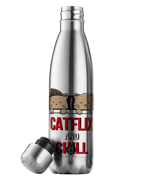 Catflix and Chill — Μεταλλικό παγούρι θερμός Inox (Stainless steel), διπλού τοιχώματος, 500ml