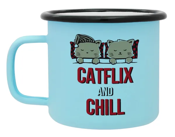 Catflix and Chill — Κούπα Μεταλλική εμαγιέ ΜΑΤ σιέλ 360ml