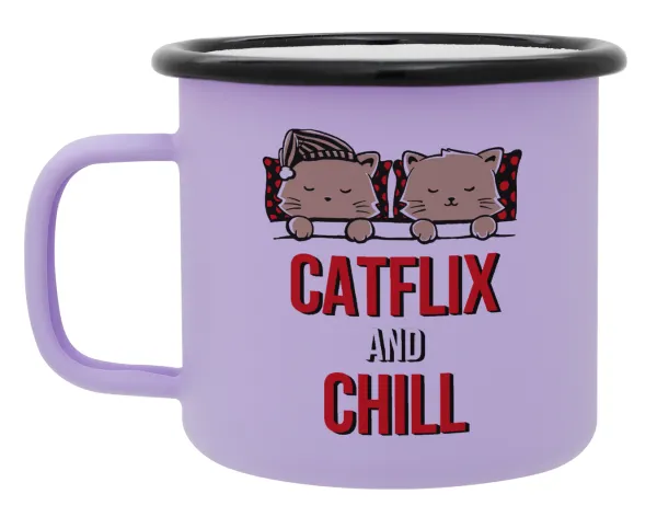 Catflix and Chill — Metal enamel mug, matte light pastel purple, 360ml