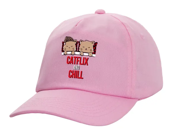 Catflix and Chill — Casual children's baseball cap, 100% Cotton Twill, PINK (COTTON, CHILDREN'S, ONE SIZE)