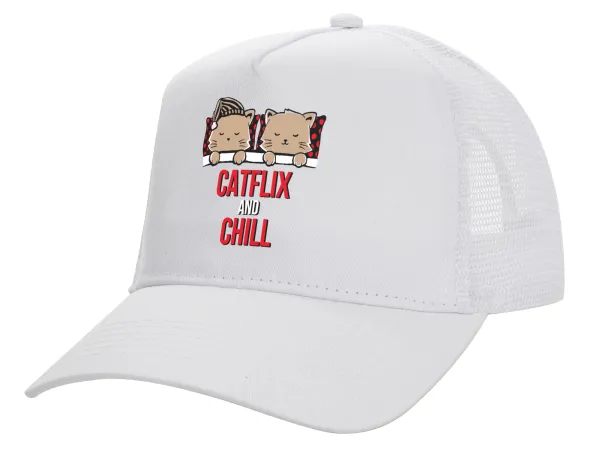 Catflix and Chill — Καπέλο Ενηλίκων Structured Trucker, με Δίχτυ, ΛΕΥΚΟ (100% ΒΑΜΒΑΚΕΡΟ, ΕΝΗΛΙΚΩΝ, UNISEX, ONE SIZE)
