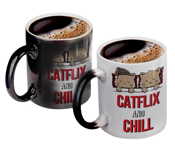 Catflix and Chill — Color changing magic Mug, ceramic, 330ml when adding hot liquid inside, the black colour desappears (1 pcs)