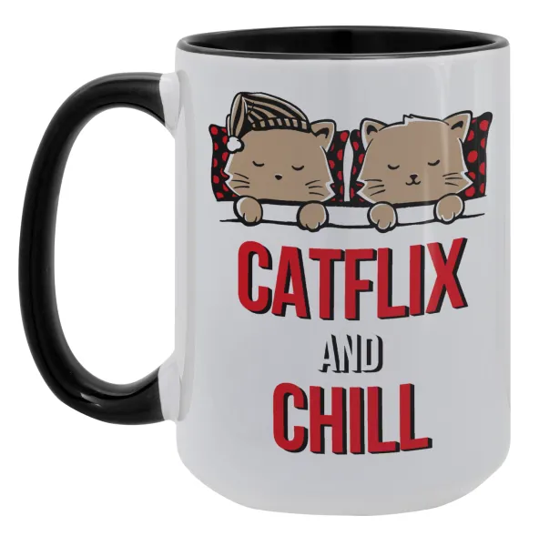 Catflix and Chill — Mega mug 15oz, black ceramic, 450ml