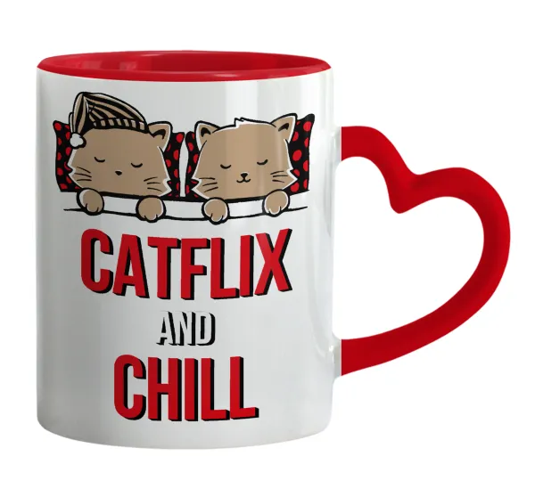 Catflix and Chill — Mug heart red handle, ceramic, 330ml