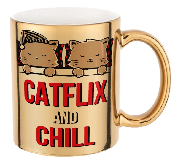 Catflix and Chill — Κούπα κεραμική, χρυσή καθρέπτης, 330ml