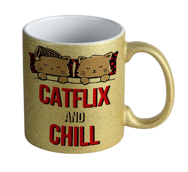 Catflix and Chill — Gold glitter mug that sparkles, ceramic, 330ml