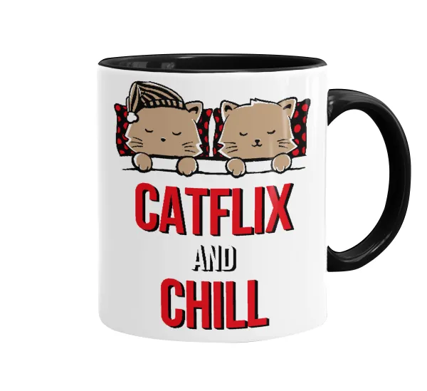 Catflix and Chill — Κούπα χρωματιστή μαύρη, κεραμική, 330ml