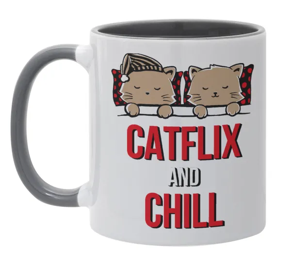 Catflix and Chill — Κούπα χρωματιστή γκρι, κεραμική, 330ml