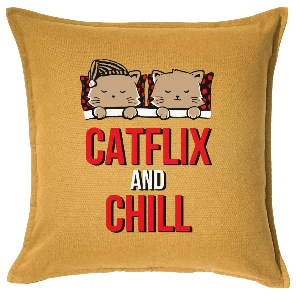 Catflix and Chill — Μαξιλάρι καναπέ Κίτρινο 100% βαμβάκι, περιέχεται το γέμισμα (50x50cm)