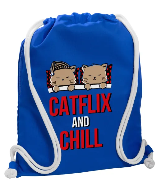Catflix and Chill — Backpack pouch GYMBAG Blue, with pocket (40x48cm) & thick cords