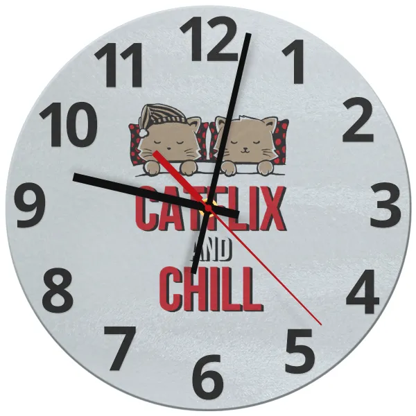 Catflix and Chill — Ρολόι τοίχου γυάλινο (30cm)