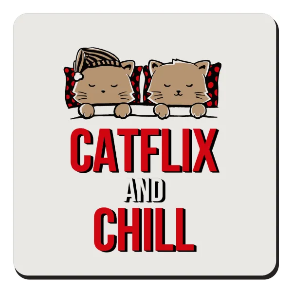 Catflix and Chill — Square wooden magnet, 9x9cm