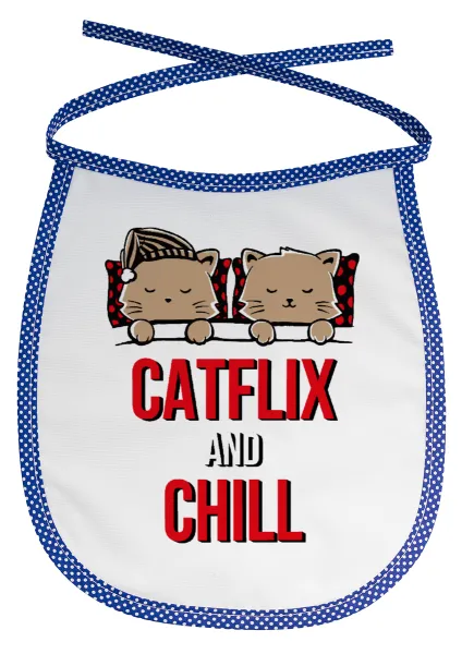 Catflix and Chill — Stain-resistant baby bib with tie, blue