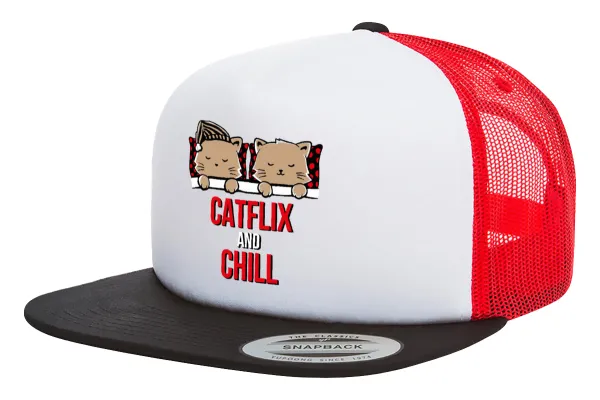 Catflix and Chill — Adult Foam Flat Snapback with Mesh Black-White-Red (POLYESTER, ADULT, UNISEX, ONE SIZE)