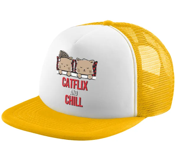 Catflix and Chill — Καπέλο Ενηλίκων Soft Trucker με Δίχτυ Κίτρινο/White (POLYESTER, ΕΝΗΛΙΚΩΝ, UNISEX, ONE SIZE)