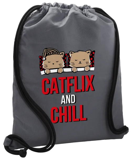 Catflix and Chill — Τσάντα πλάτης πουγκί GYMBAG ΓΚΡΙ, με τσέπη (40x48cm) & χονδρά κορδόνια