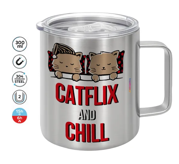 Catflix and Chill — Double-walled stainless steel mug 300ml with temperature-retaining lid