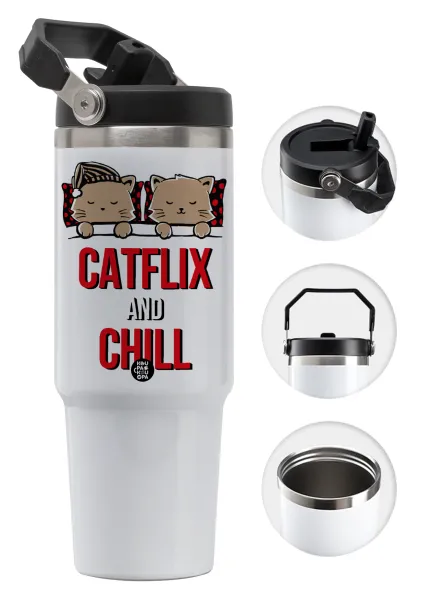 Catflix and Chill — Θερμός Ανοξείδωτο 30oz με χερούλι