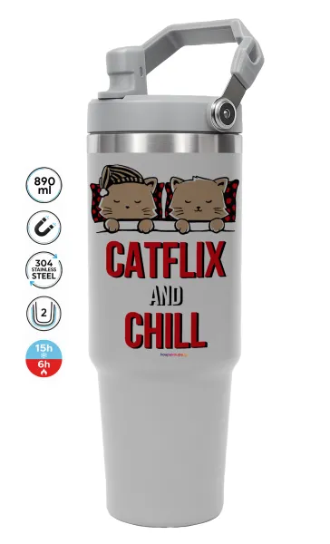 Catflix and Chill — ΓΚΡΙ Travel Tumbler Θερμός με χερούλι και καλαμάκι 890ml