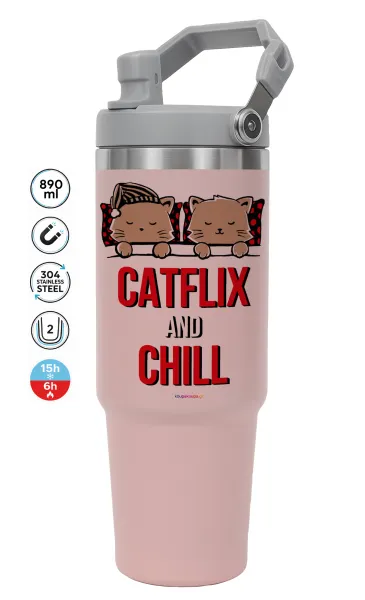 Catflix and Chill — ΡΟΖ Travel Tumbler Θερμός με χερούλι και καλαμάκι 890ml