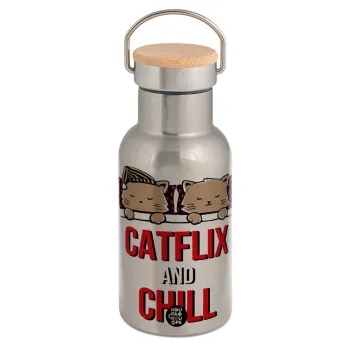 Catflix and Chill, Stainless steel metallic thermos flask, silver with a bamboo lid, double-walled, 350ml.