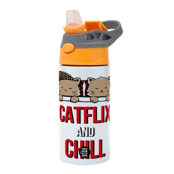 Catflix and Chill, Παιδικό παγούρι θερμό, ανοξείδωτο, με καλαμάκι ασφαλείας, Πορτοκαλί/Γκρι (360ml) BPA-FREE