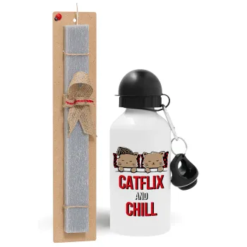 Catflix and Chill, Πασχαλινή Λαμπάδα με παγούρι μεταλλικό  αλουμινίου (500ml) & κερί αρωματικό πλακέ (30cm) (ΓΚΡΙ)