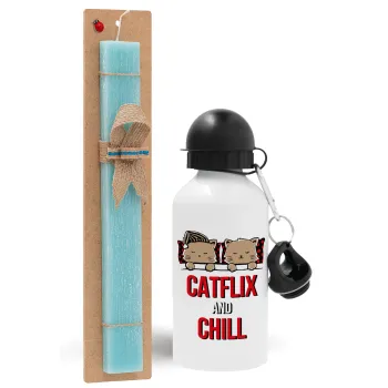 Catflix and Chill, Easter Set, metallic aluminum water bottle (500ml) & scented flat candle (30cm) (TURQUOISE)