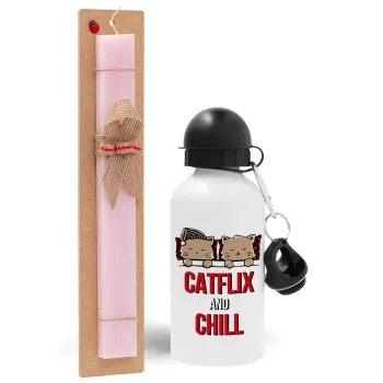 Catflix and Chill, Easter Set, metallic aluminum bottle (500ml) & aromatic flat Easter candle (30cm) (PINK)