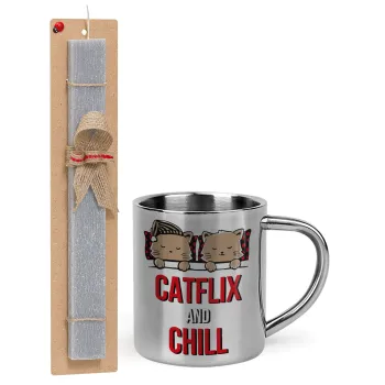 Catflix and Chill, Easter Set, metallic thermal cup (300ml) & Easter aromatic flat candle (30cm) (GRAY)