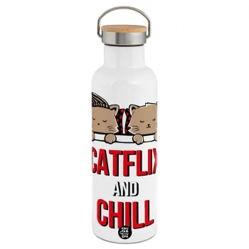Catflix and Chill, Μεταλλικό παγούρι θερμός (Stainless steel) Λευκό με ξύλινο καπάκι (bamboo), διπλού τοιχώματος, 750ml