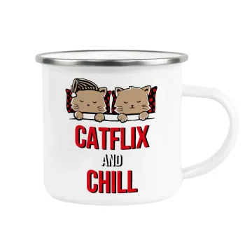Catflix and Chill, Metallic enamel cup white 360ml