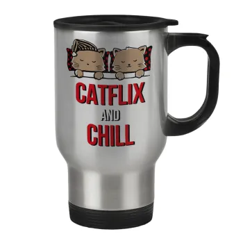 Catflix and Chill, Stainless steel travel mug with lid, double wall 450ml