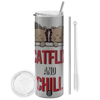 Catflix and Chill, Tumbler stainless steel Silver 600ml, with metal straw & cleaning brush